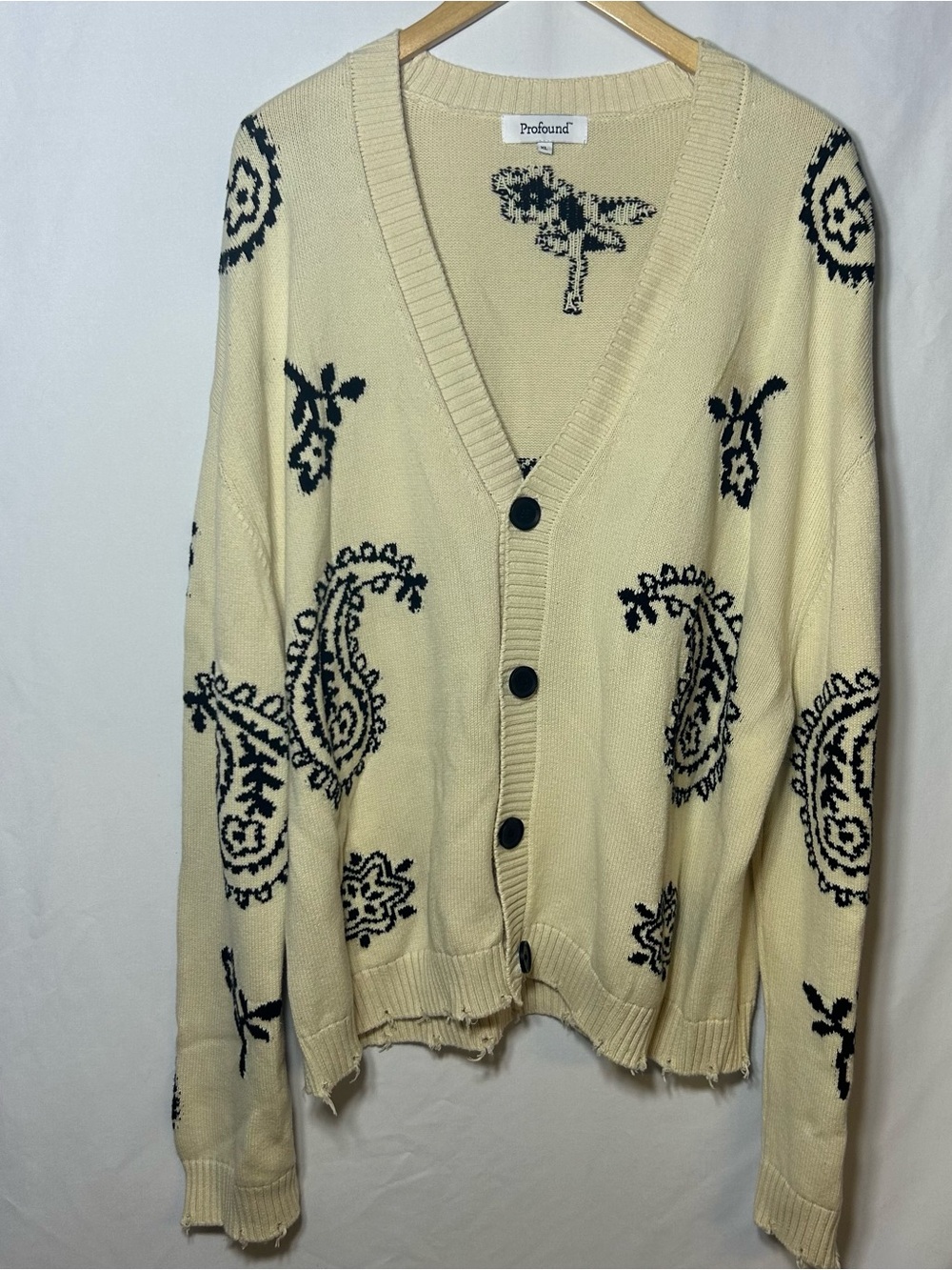 Profound White Black Paisley Button-Front Sweater Cardigan size XL distressed